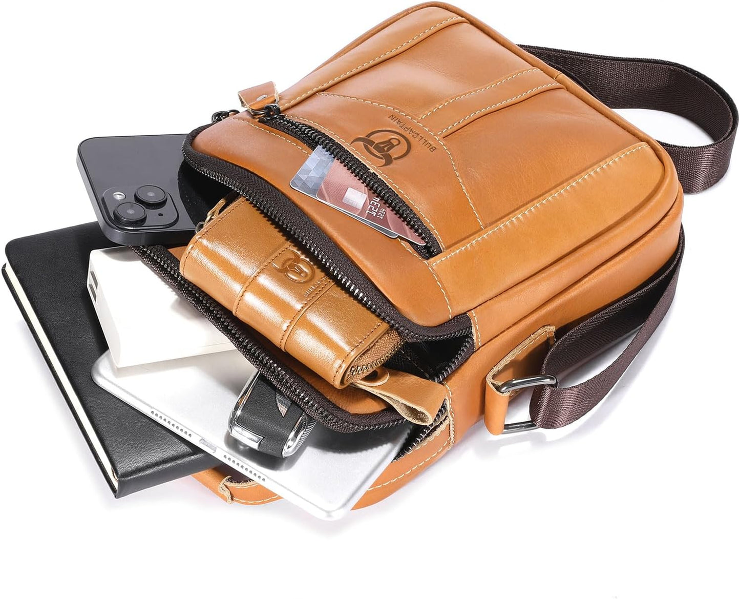 Leather Crossbody Bags for Men Casual Shoulder Bag Travel Messenger Bag Vintage Handbag Multi Pocket Satchel