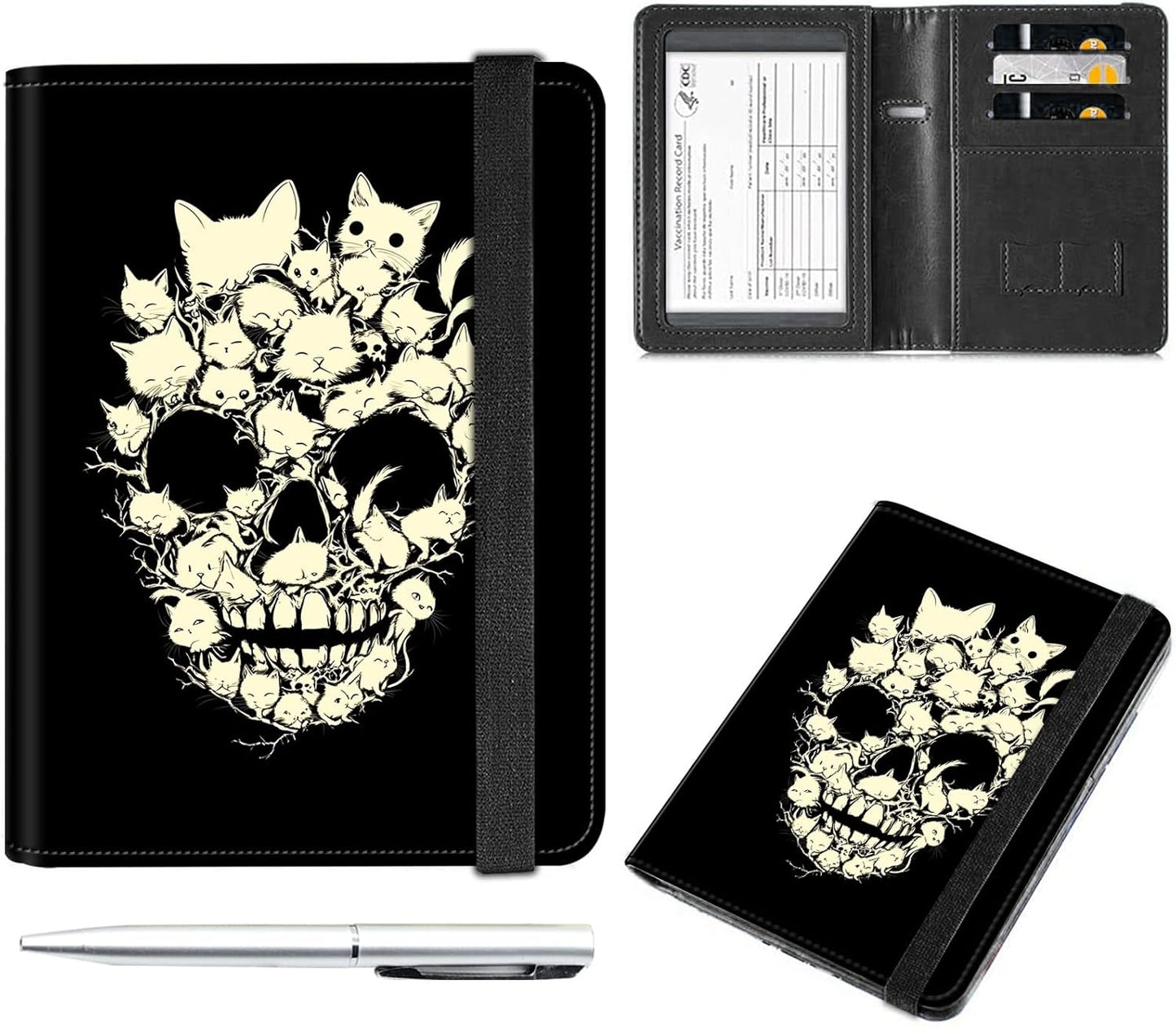 Passport and Vaccine Card Holder Cover Combo,Travel Passport Holder Wallet with RFID Blocking, Leather Vaccine Card Slot Passport Cover Case for Women & Men,White Cats Skull