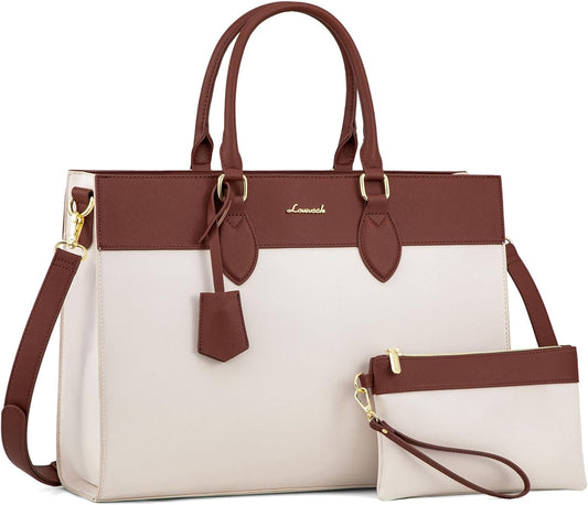 LOVEVOOK Laptop Tote Bag for Women, 15.6 inch Work Bag Purse, Waterproof Leather Women Business Office Briefcase, Beige-Brown