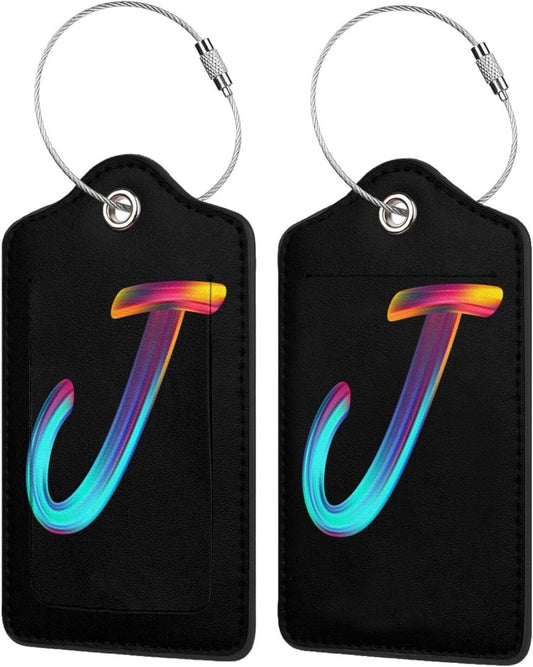 2 Pack Initial Luggage Tags for Suitcase, Colorful Letter Design Cruise Name Bag Tags, Novelty Baggage Identifiers with Full Privacy Cover, Leather ID Label for Women Men Kids Travel, Rainbow Letter J