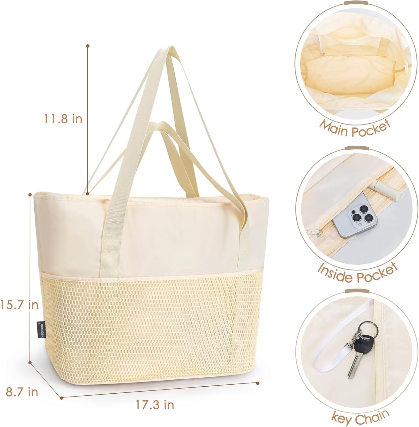 KABAQOO Large Beach Bag Waterproof Sandproof Tote Bag for Women with Zipper & Mesh Pockets for Pool Swim Travel Everyday