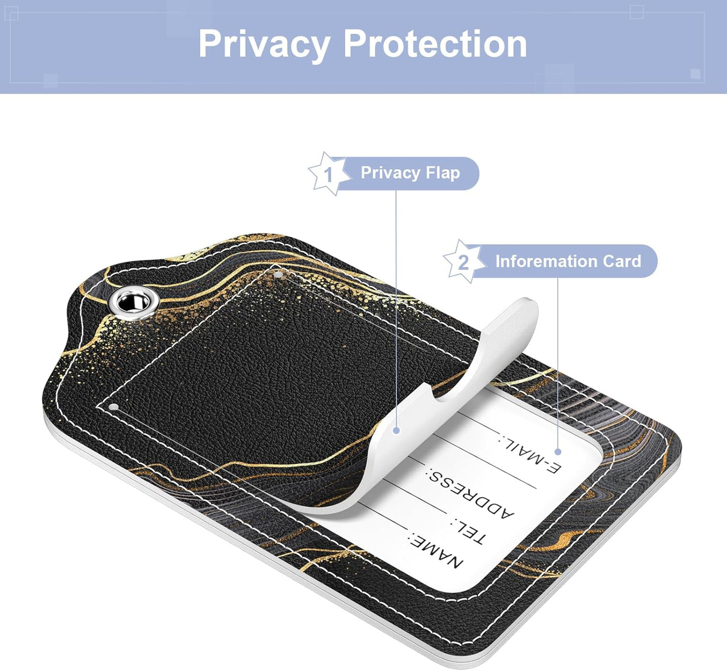 2 Pack PU Leather Luggage Tags for Suitcase, Travel Cruise Luggage Tag with Privacy Flap, Name ID