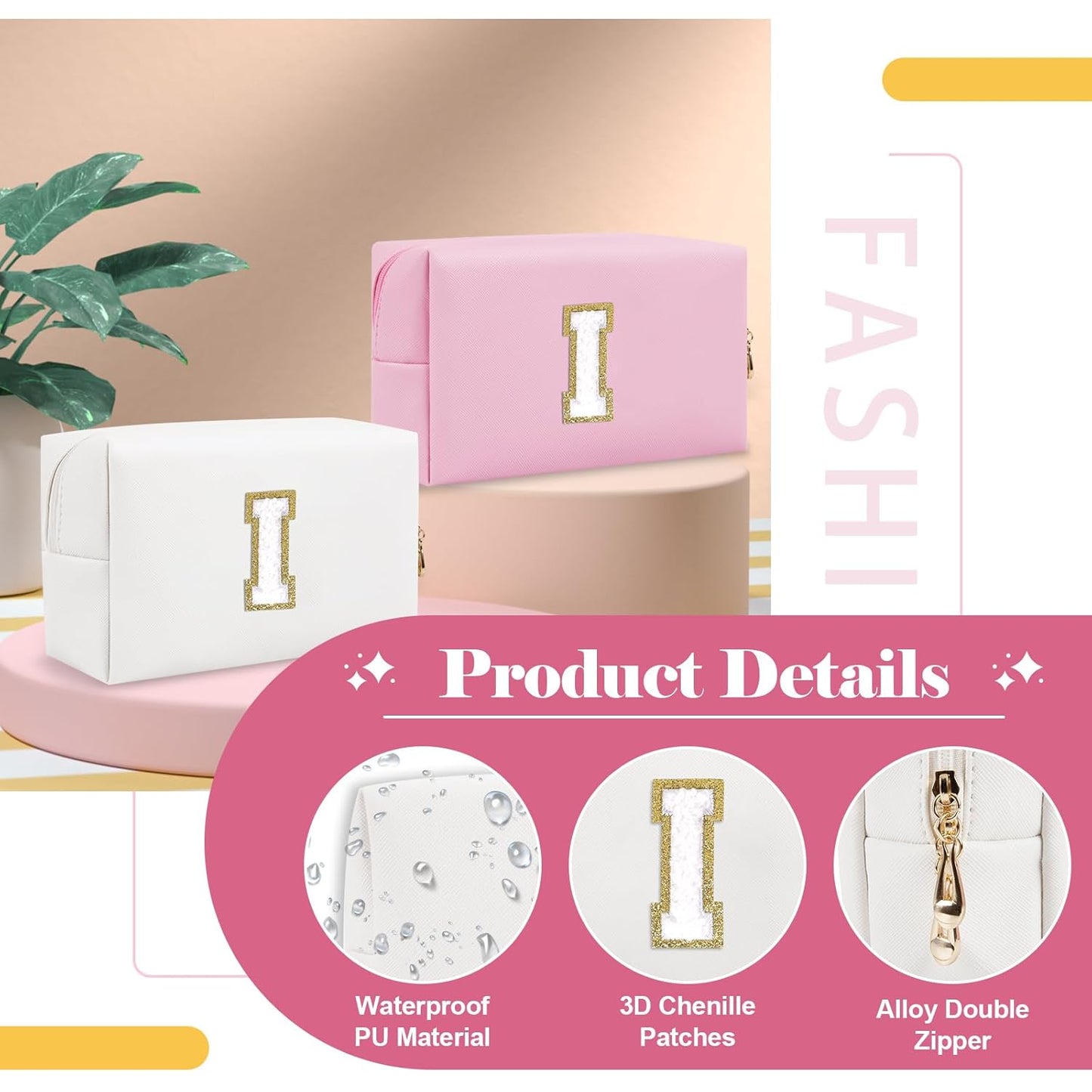 Small Personalized Initial A-Z Preppy Patch Makeup Bag,White PU Chenille Letter Travel Cosmetic Pouch with Zipper,Cute Toiletry Bag,Gift Ideal for Teen Girls Women Teacher Bridesmaid,Letter I