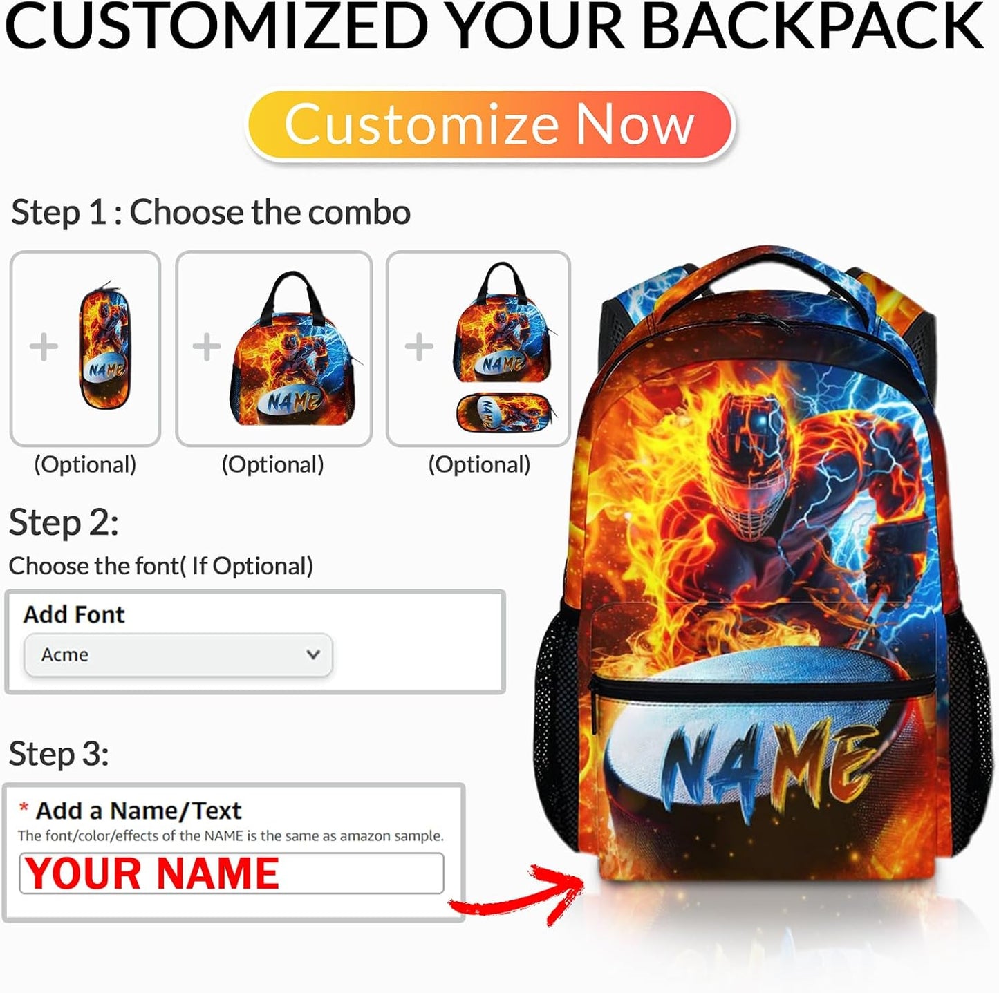 Boys Backpack for School - Ice Hockey Backpacks with Custom Name for Kids Teens Elementary Middle Primary High Senior - 17 Inch Lightweight Large Capacity Sport Themed Bookbag Gift