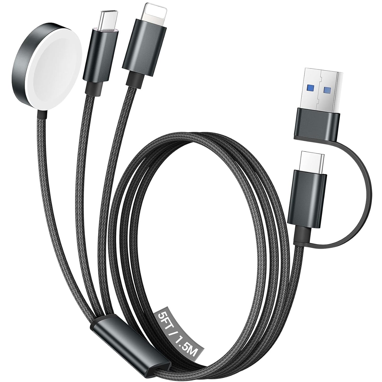 Temdan for Travel Vacation Essentials,3 in 2 USB C Cable for Apple Watch Charger/iPhone 17 Charger/Lightning,Multi Charging Cable Cord,Camping Essentials,Designed for iWatch &iPhone 16-12-5FT Black