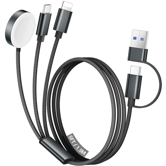 Temdan for Travel Vacation Essentials,3 in 2 USB C Cable for Apple Watch Charger/iPhone 17 Charger/Lightning,Multi Charging Cable Cord,Camping Essentials,Designed for iWatch &iPhone 16-12-5FT Black