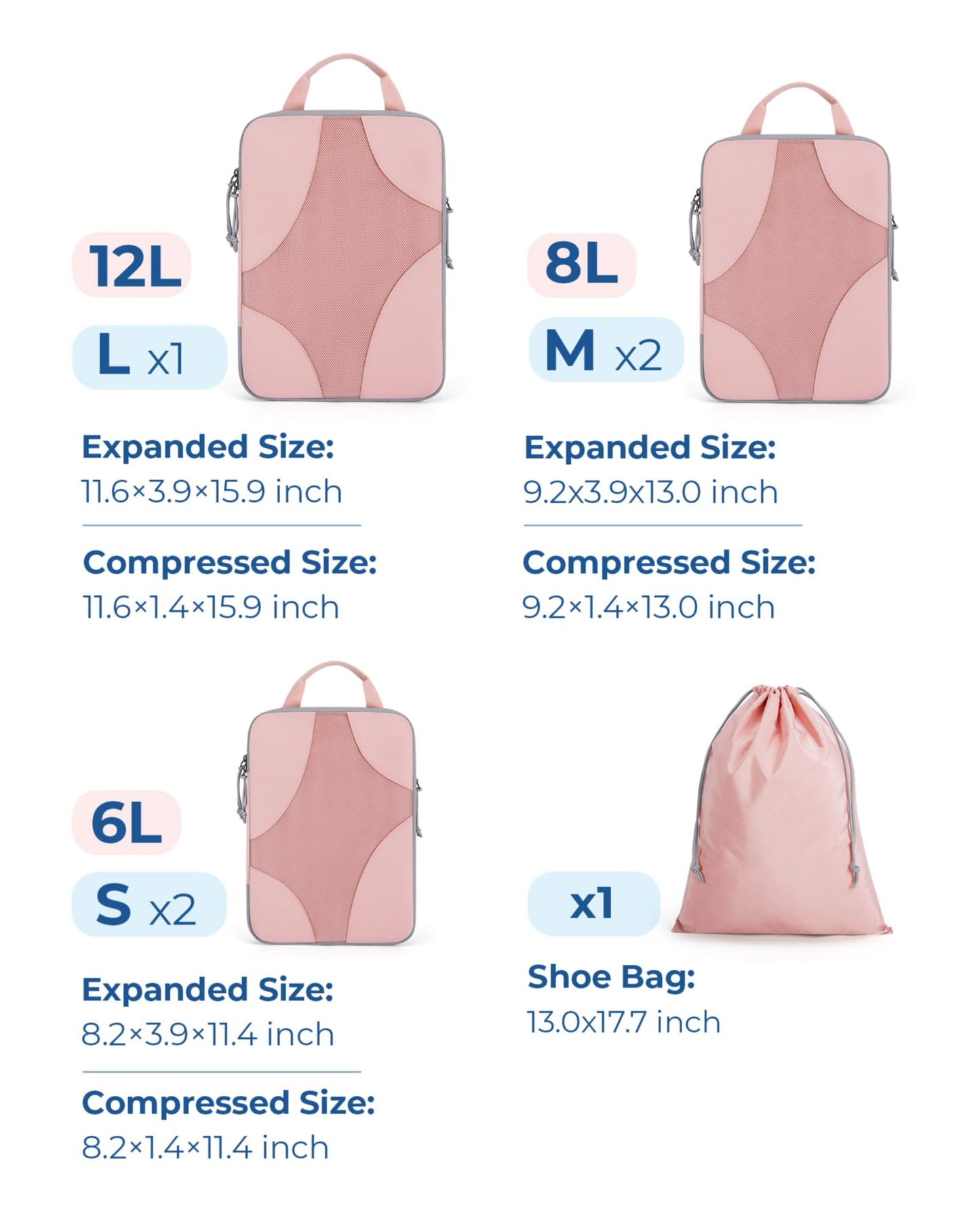 Bagsmart Compression Packing Cubes (Baby Pink, 6 Set)