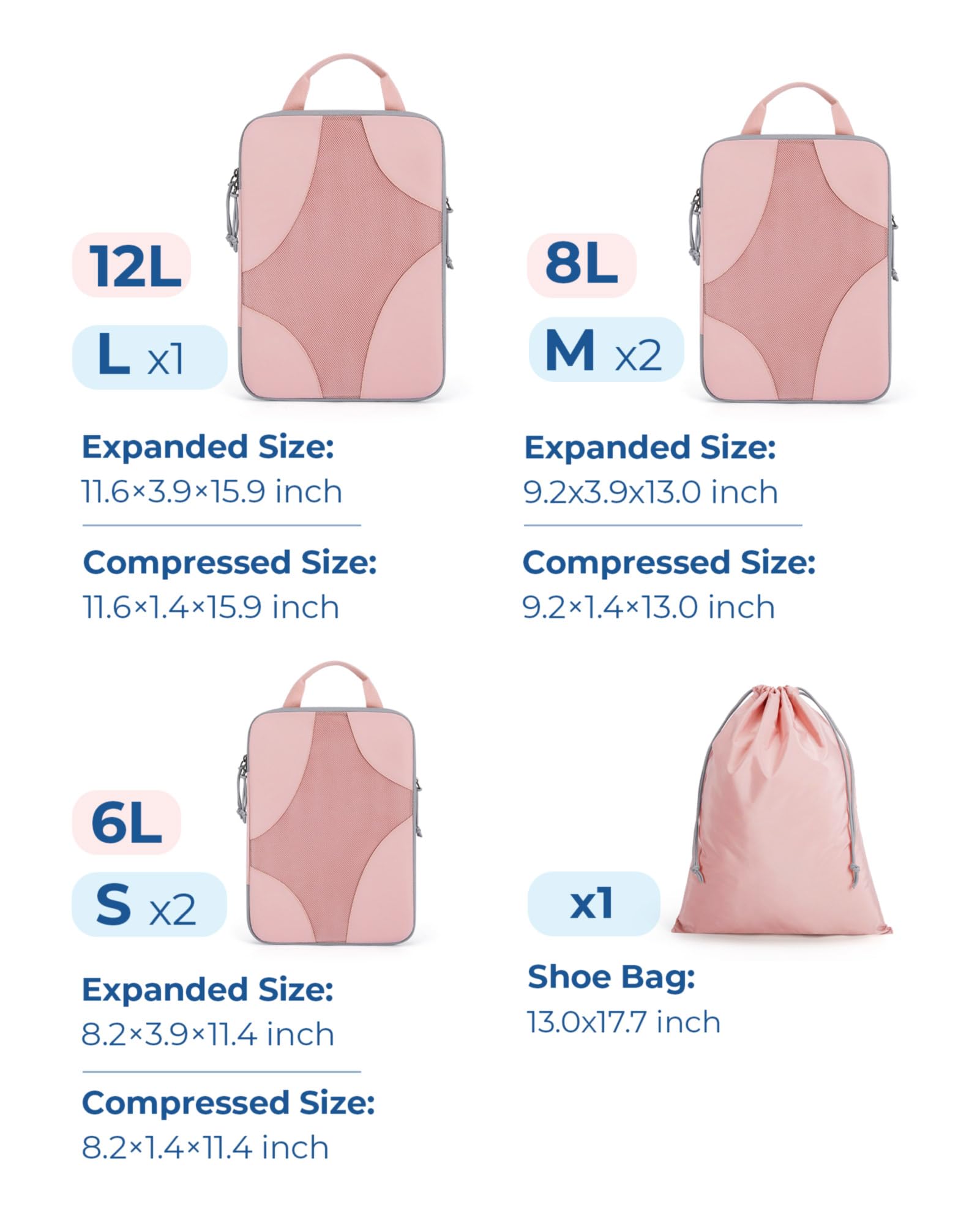 Bagsmart Compression Packing Cubes (Baby Pink, 6 Set)