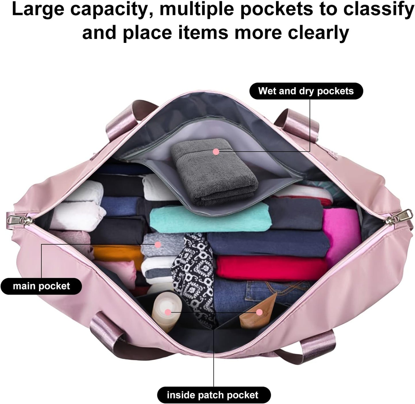 Large Capacity Folding Travel Tote Bag, Oxford Fabric Waterproof Lightweight Foldable Travel Duffel Bag, Portable Expandable Travel Bag, Dry and Wet Separation Carry On Bag for Airplanes (Pink-2)