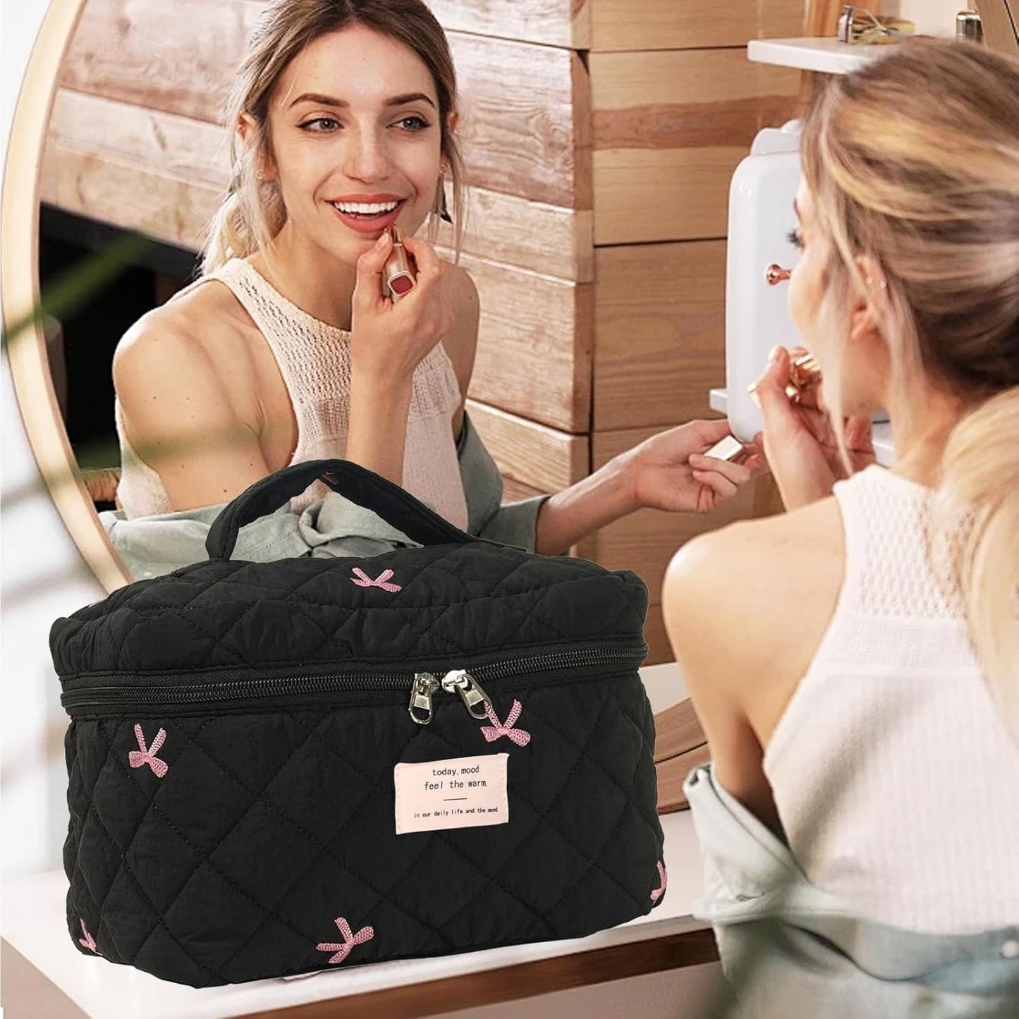 Quilted Makeup Bag, Large Makeup Bag, Cute Cosmetic Bag for Women Girls, Floral Coquette Aesthetic Travel Toiletry Make Up Organizer Bag-Black