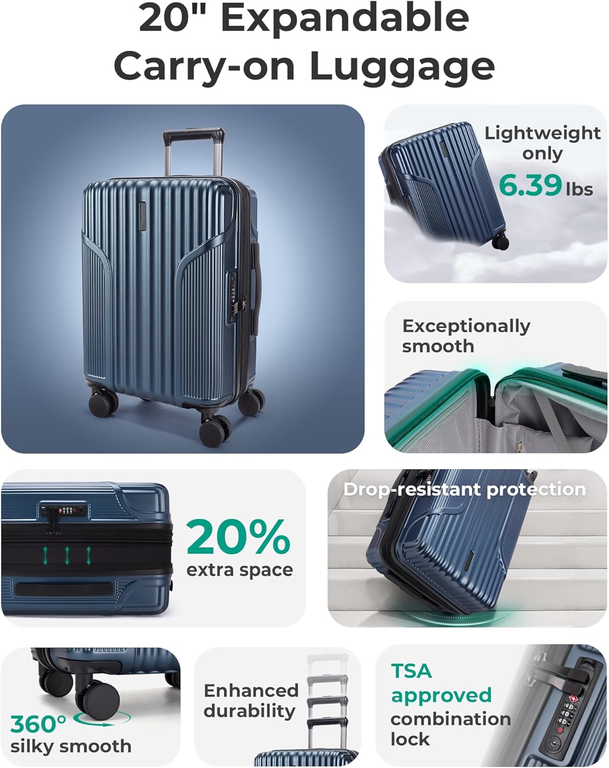 BAGSMART Carry On Luggage 22x14x9 Airline Approved, Lightweight luggage with Spinner Wheels, 20 Inch Expandable Hardside Carry On Suitcase with TSA Lock Rolling Travel suitcase Carry-On, Dark Blue