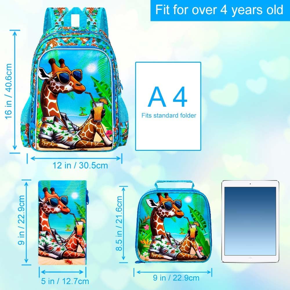 3Pcs Backpack for Boys, 16" Giraffe Kids Bookbag Set for Elementary Preschool Kindergarten, School Backpacks with Lunch Box(Blue)