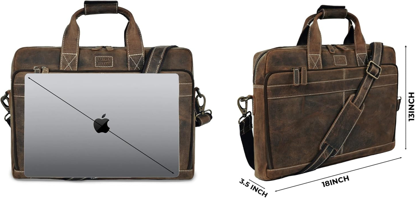 LEATHER VILLAGE 18" Leather Laptop Messenger Briefcase Bag for Men-Leather Satchel for Travel and Office Shoulder Bag-Rustic Brown