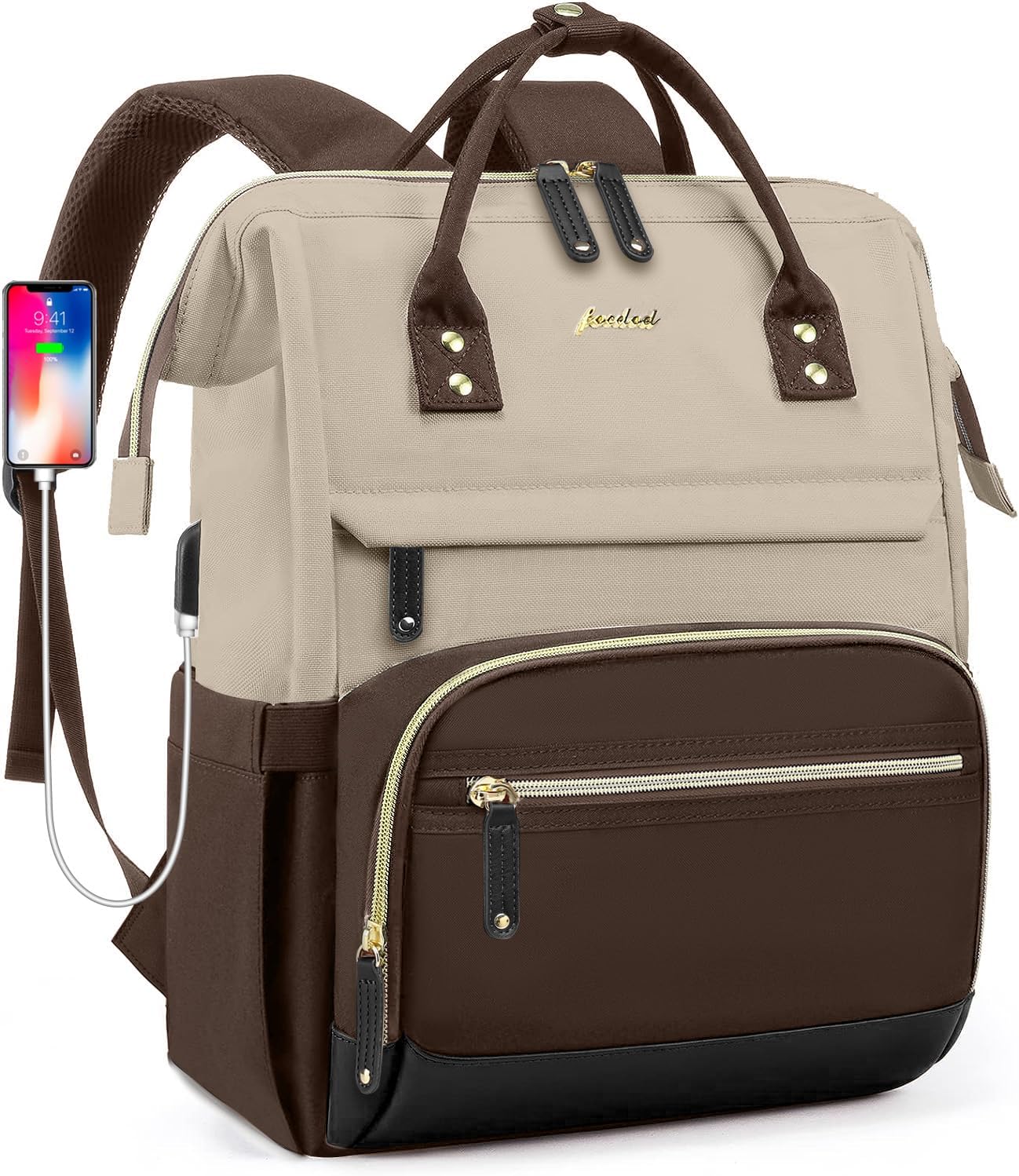 Laptop Backpack Women Work Bag: 15.6 inch Work Bookbag with USB Charging Port Large Travel Backpack Purse for College Nurse Casual Daypack for Teacher Professional Computer Backpack Apricot Coffee