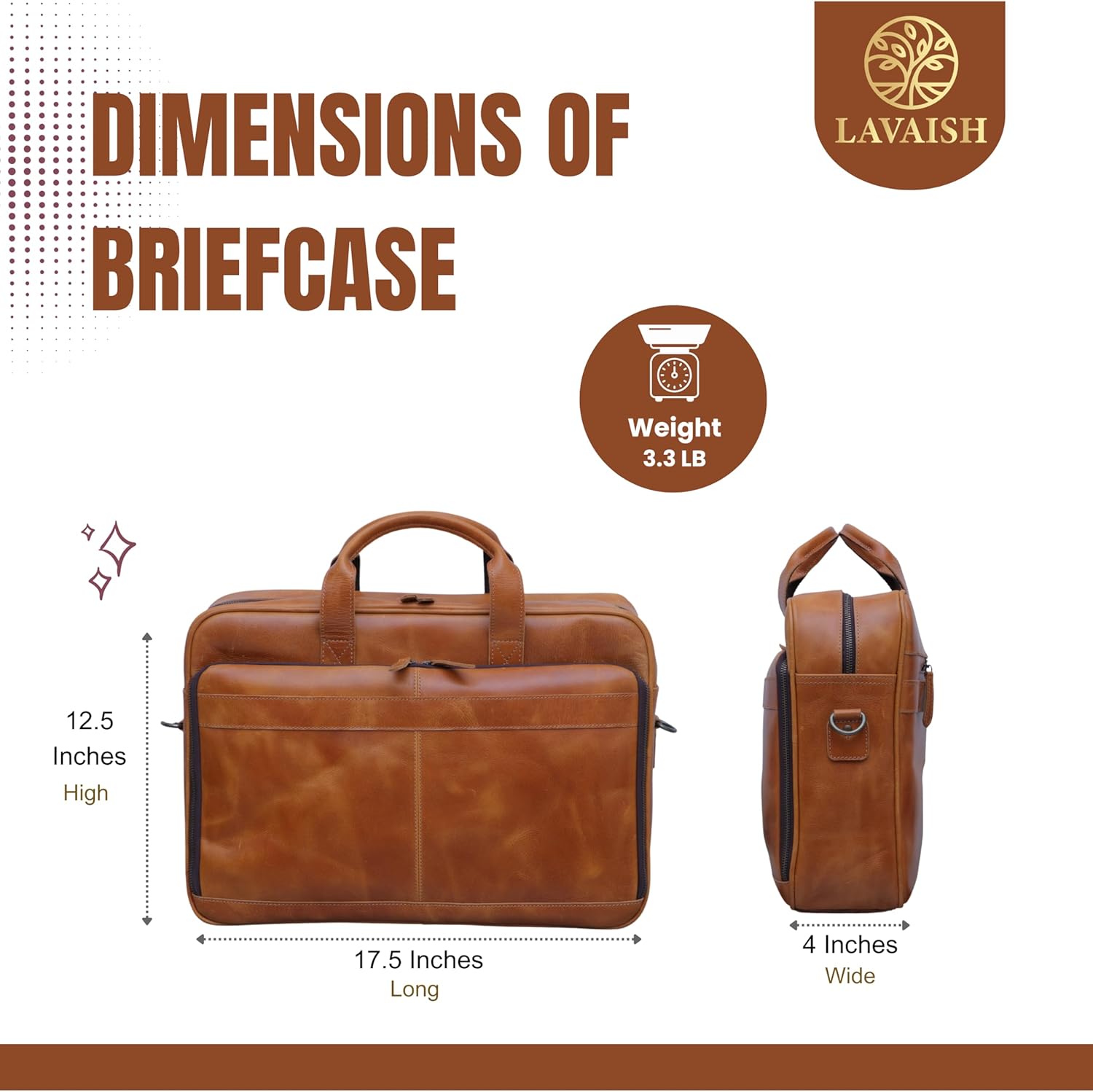 Handmade Full-Grain Leather Briefcase for Men & Women–17" Laptop Bag with Computer Compartment
