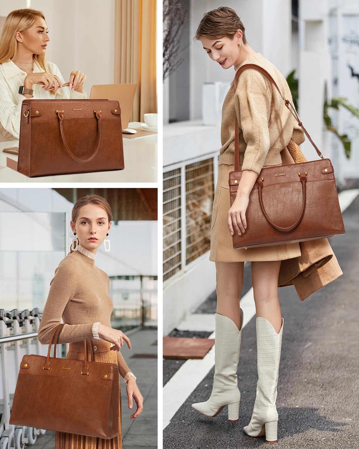LOVEVOOK Laptop Tote Bag For Women Work, Vintage Leather Computer Bags For Laptops For Women, Waterproof Laptop Bag Business Briefcase Office Large Shoulder Handbag Purse, 15.6 Inch, Brown