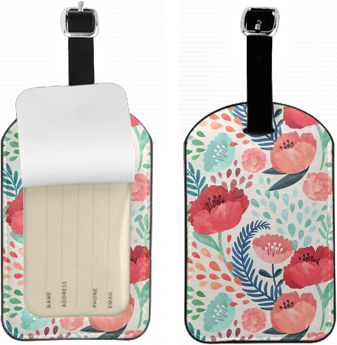 Colorful Flowers Travel Bag Tag Green Leaves Plants Beauty PU Leather Name ID Labels with Privacy Cover for Men Women Suitcase, 1 Pack