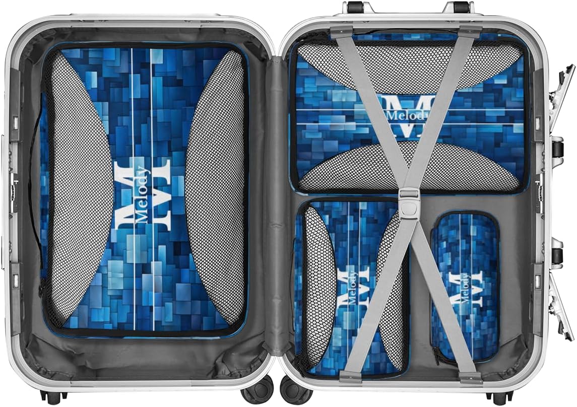 Custom Name 4 Pcs set travel luggage organizer Mesh Travel Essentials for Suitcases, Blue Geometric Pattern with Initial Letter