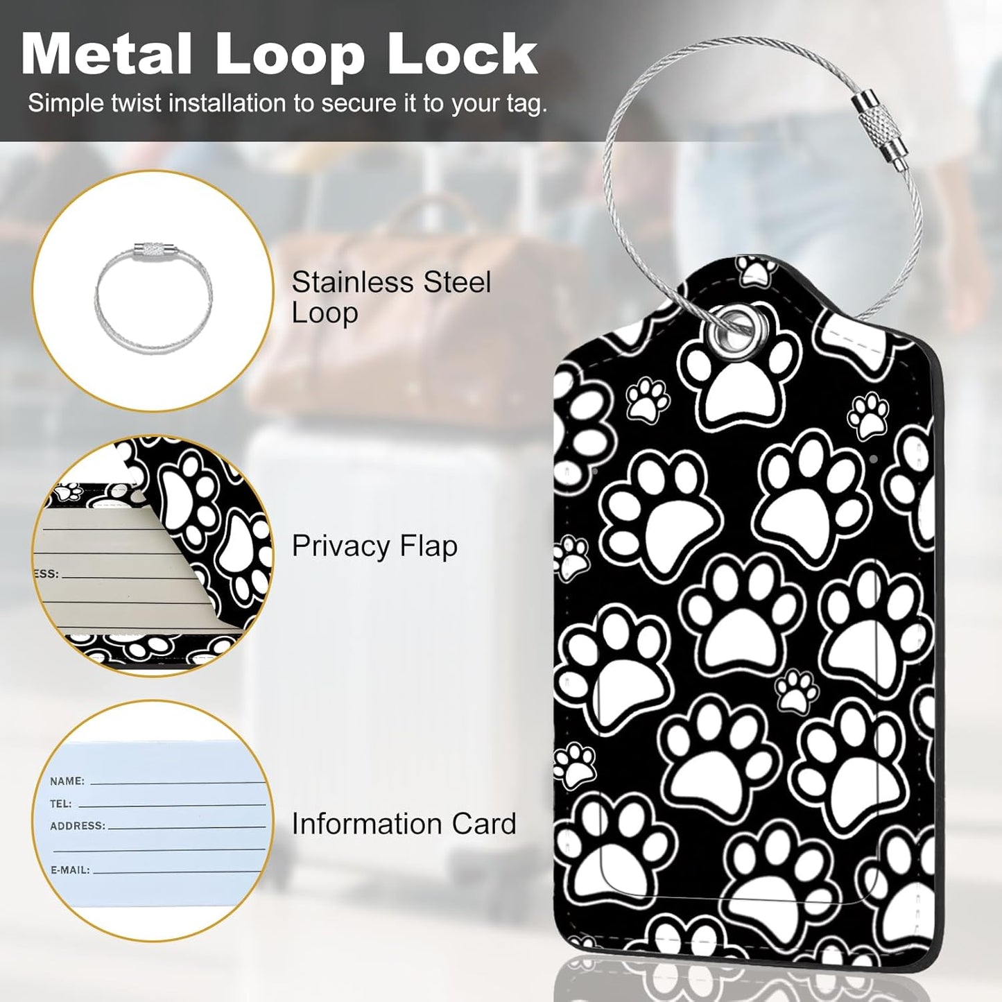 2Pack Luggage Tags for Suitcases, Cute Unique Pu Leather Cruise Luggage Tag with Privacy Cover ID Label Address Card and Metal Ring Suitable for Women Men Kids Travel Bag Black and White paw Print