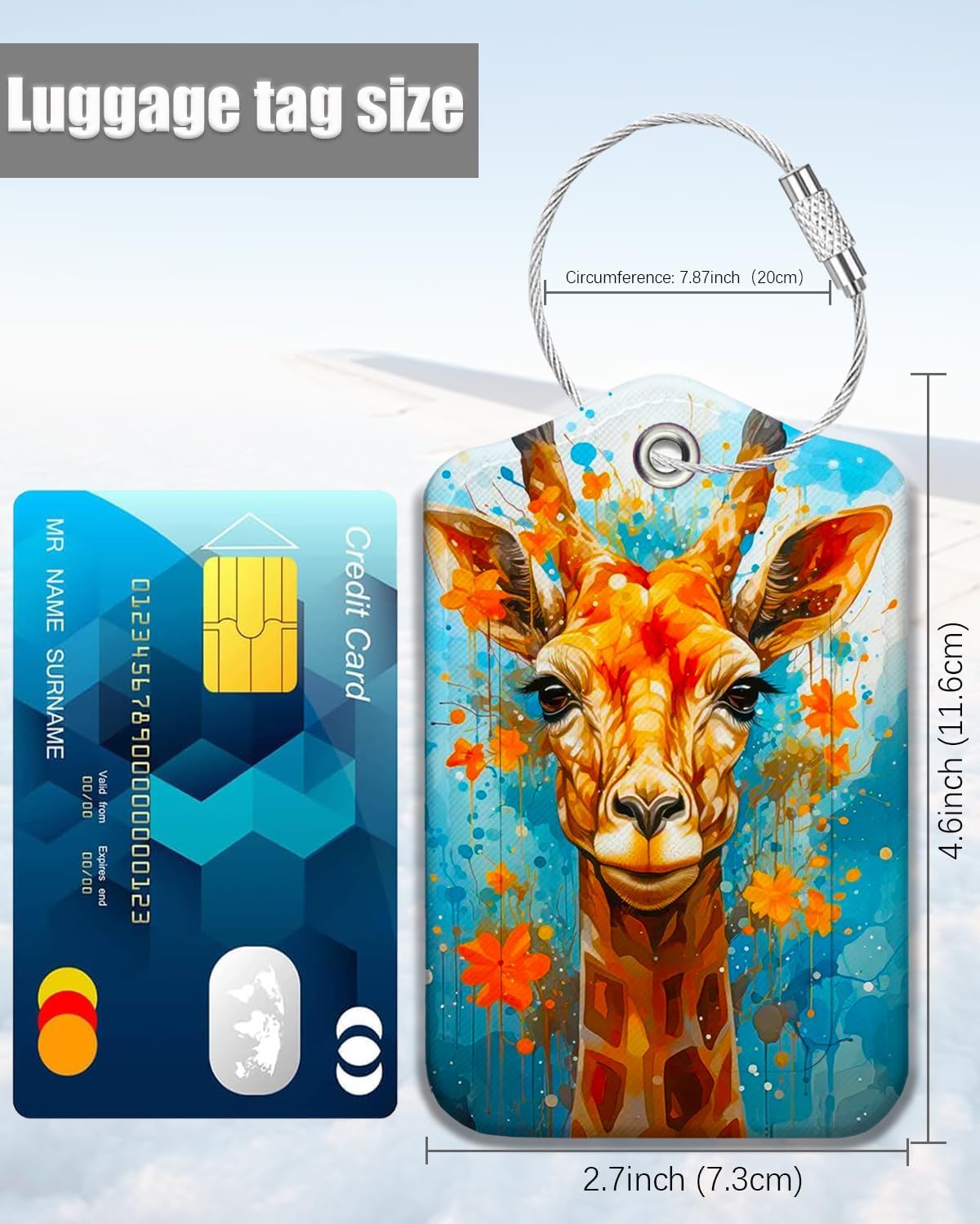 2 Pack Luggage Tags for Suitcase, Leather Suitcase Tags Cruise Ship with Privacy Cover and Double Metal Loop for Women Men Girls Boys Travel Baggage Bag Backpack Tags, Cute Giraffe