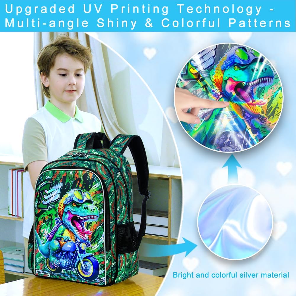 UFNDC 3PCS Boys Backpack,16”Kids Dinosaur Bookbag with Lunch Box, School Bag for Elementary Toddler