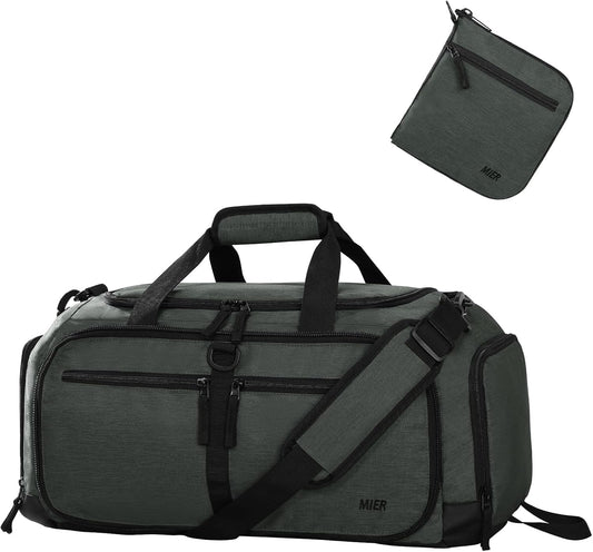 MIER Foldable Duffle Bag with Shoe Compartment 50L Travel Duffel Bags for Men Women Packable Overnight Bag for Camping Gym Weekender, Green Gray