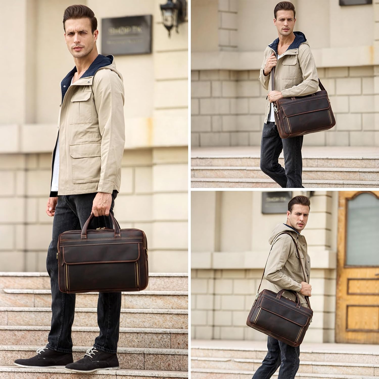 TIDING Leather Business Travel Briefcase for Men, Large 15.6" 17.3" Laptop Crossbody Shoulder