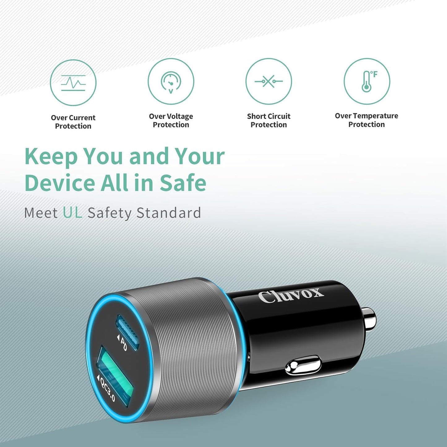 38W USB C Car Charger Adapter, 20W Fast USB-C & 18W Rapid QC3.0 Ports, 12V Cigarette Lighter Adapter for iPhone 17/16 /15, Google Pixel, Samsung, Android Phones Auto Accessories for Men - Gray