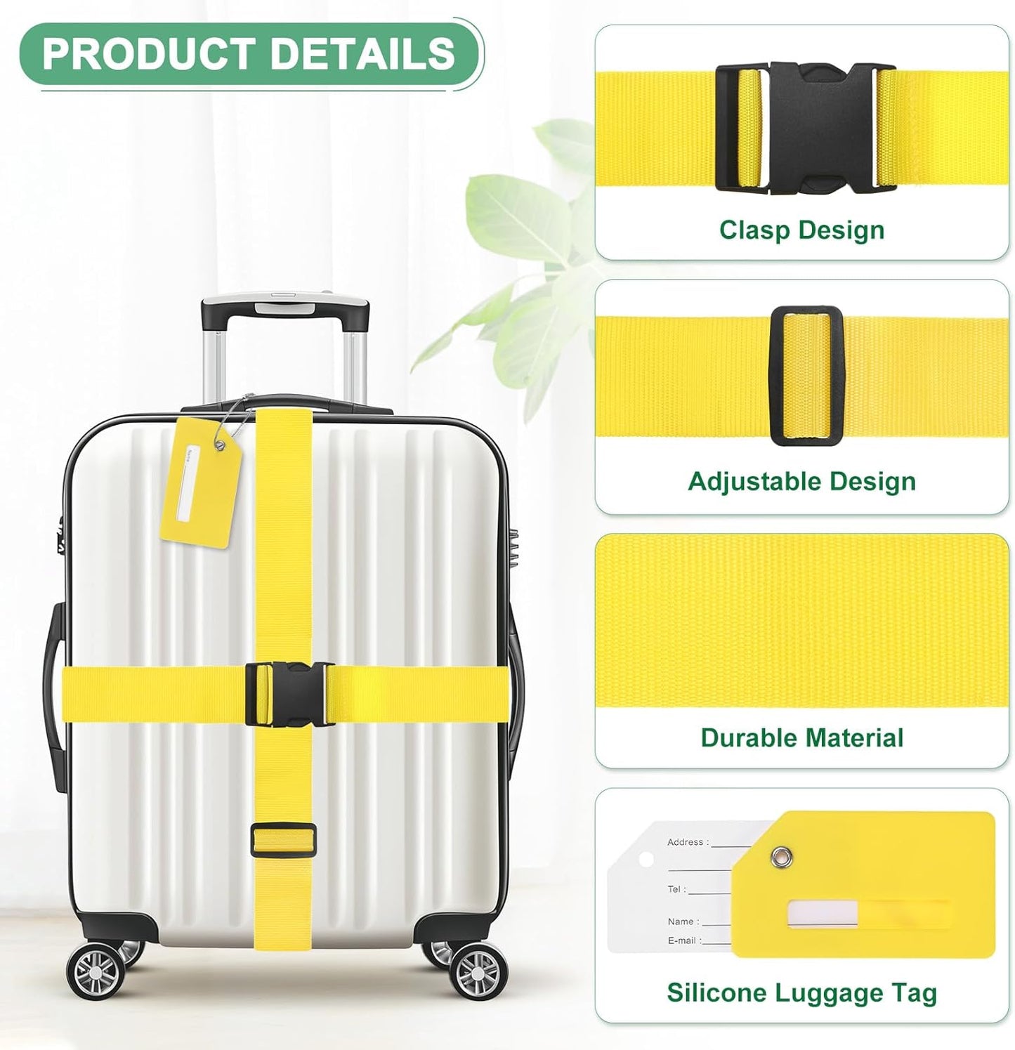 4-Sets Luggage Straps TSA Approved, Travel Straps for Luggage Suitcase Tags Set, Adjustable Suitcase Belt [Yellow]