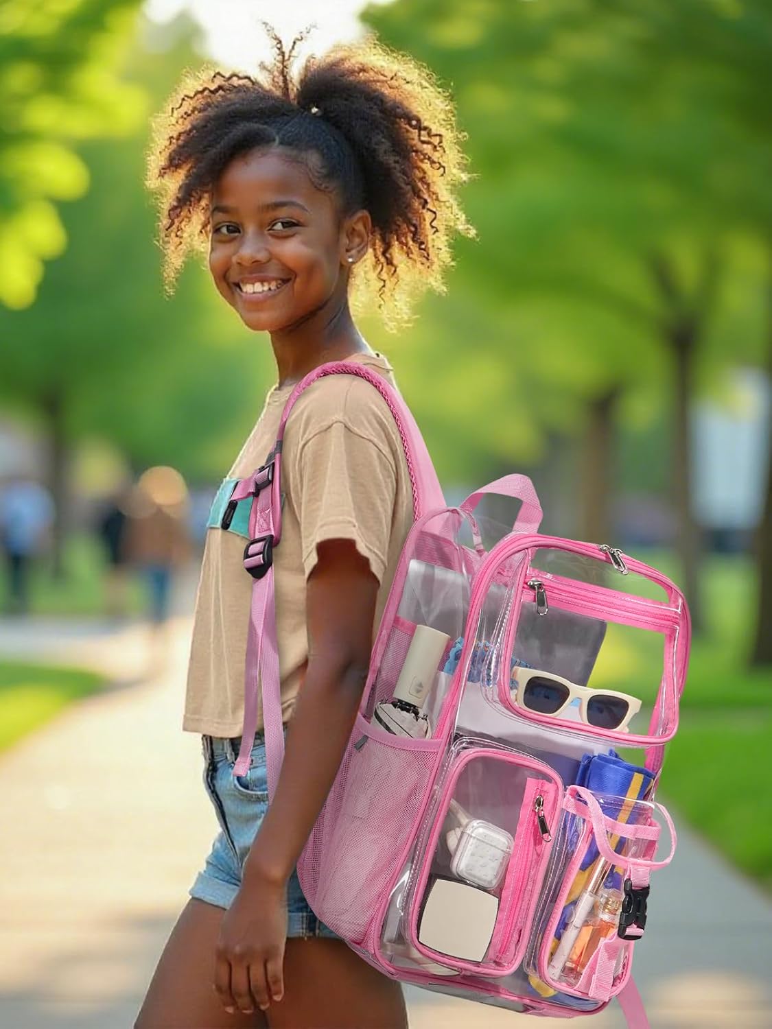 Heavy Duty Clear Backpack For School, 17 Inch Clear Bookbag For Kids Boys Girls Women Men, Large See Through Backpack With An Extra Pouch Accessories, Multi-Pockets Tranparent Bag, College, Pink
