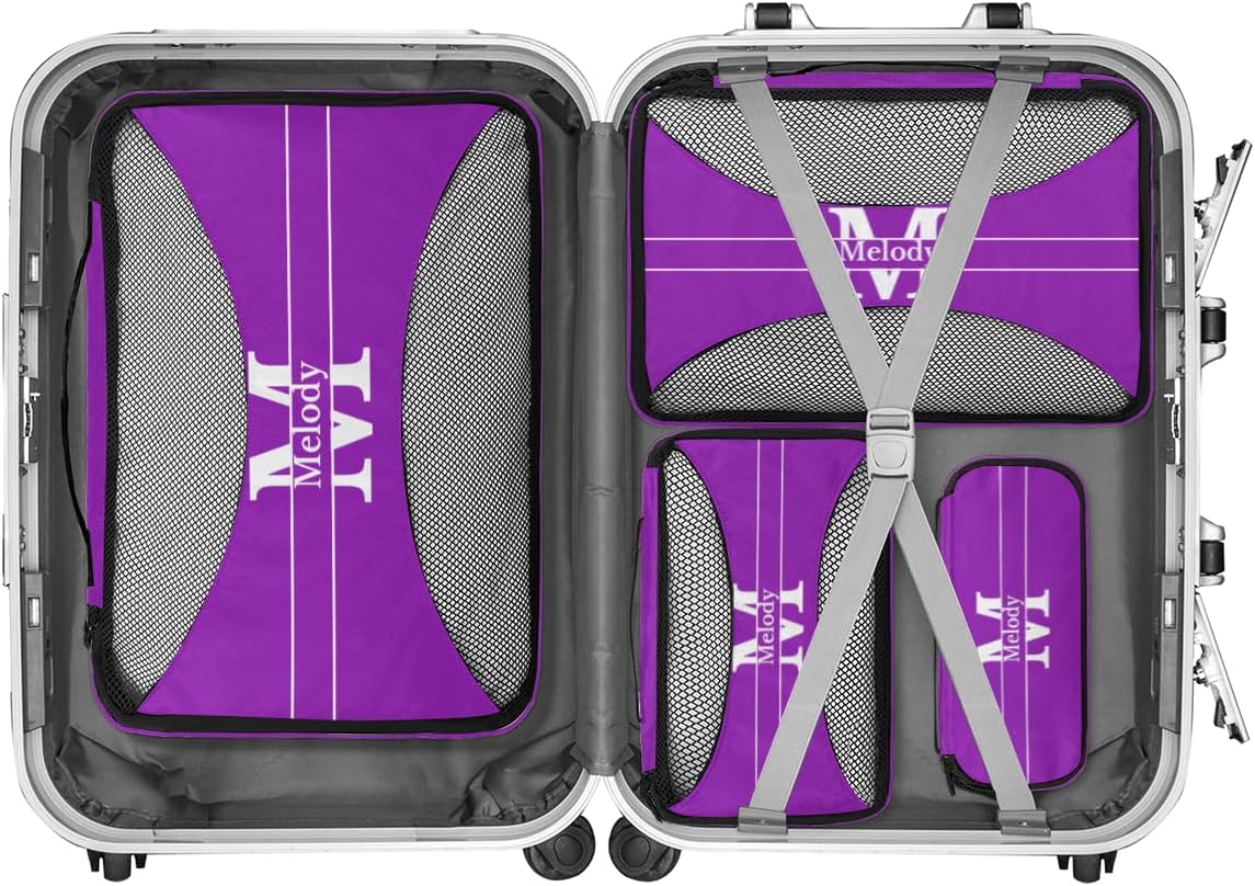 Personalized Packing Cubes, Set of 4 with Zipper Handles, Custom Name Initial Letter Travel Suitcases Luggage Packing Organizers, Initial Letter