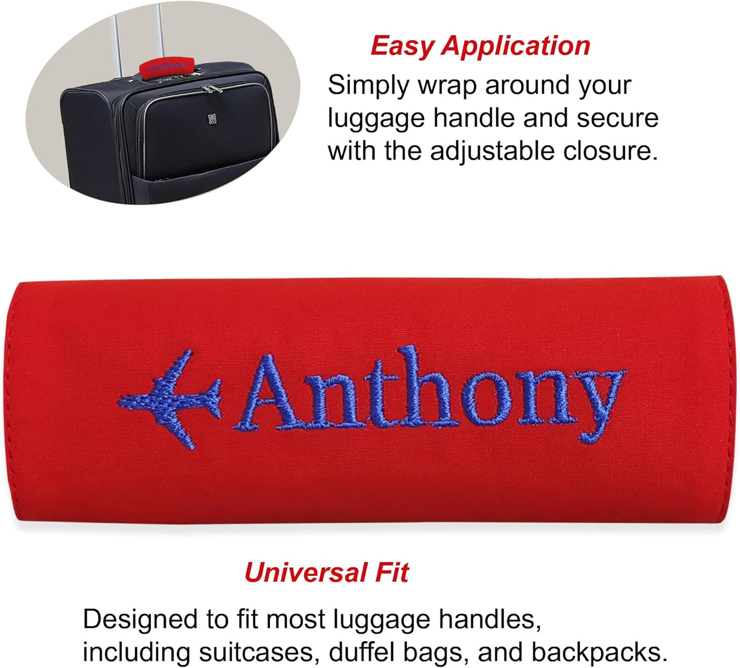 Personalized Luggage Handle Wrap Finder | Custom Embroidered Icon Monograms or Short Text ID Tag | Cover Identifier Marker for Suitcase or Bag | Grips Accessories for Travel by ACORD EU (Red)