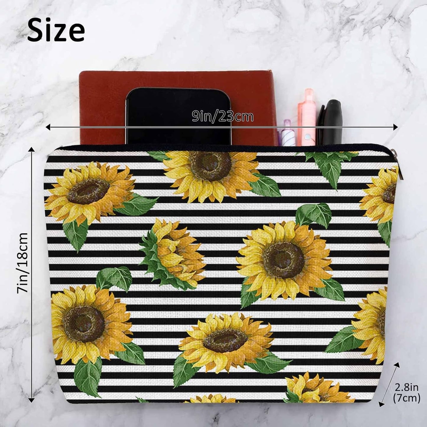 Makeup Bag Sunflower Makeup Bags For Purse Pouch, Yellow Sunflowers Stripes Travel Toiletry Bag Cosmetic Bag Makeup Bags Flax Makeup Organizer Bag Pencil Pouch For Man Woman