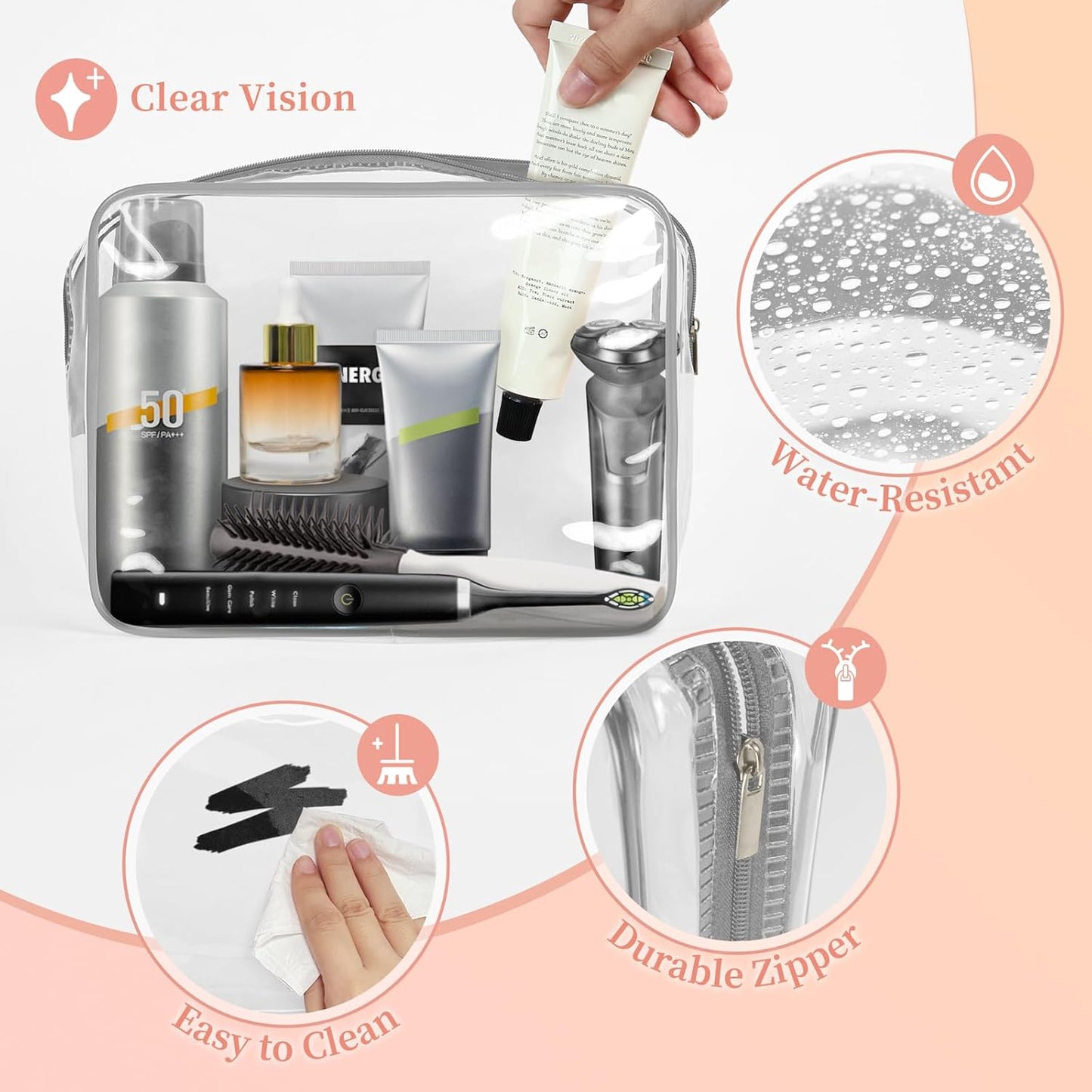 TISRATOK 12 PCS Clear Makeup Bag for Women with Zipper, TSA Approved Toiletry Pouch, Cosmetic Bag Bulk for Travel Organizer Essentials - Grey,Large
