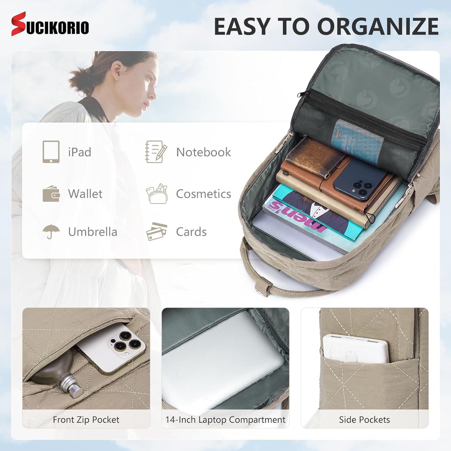 40X30X10 Personal Item Travel Backpack Carry On Luggage Flight Approved Quilted Puffer 14'' Laptop Backpack Daypack