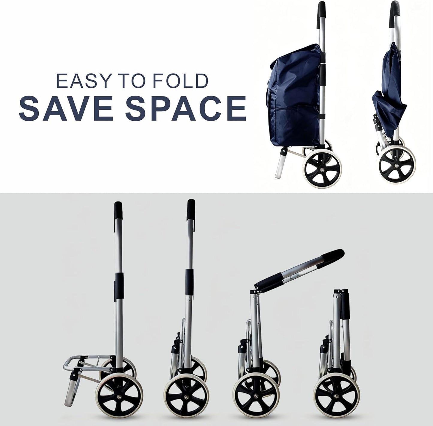 Heavy Duty Foldable Shopping Trolley with Wheels Oxford Waterproof Cart Removable Bag for Groceries Laundry Travel (Blue-2 Wheels)