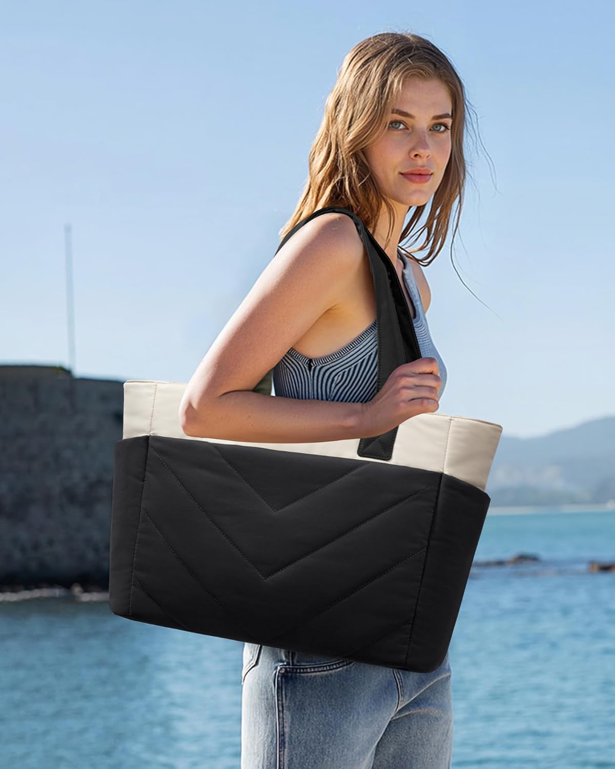 LOVEVOOK Tote Bag for Women, Puffer Work Travel Handbag with Zipper for Teacher Nurse, Quilted Cute Laptop Shoulder Gym Bag