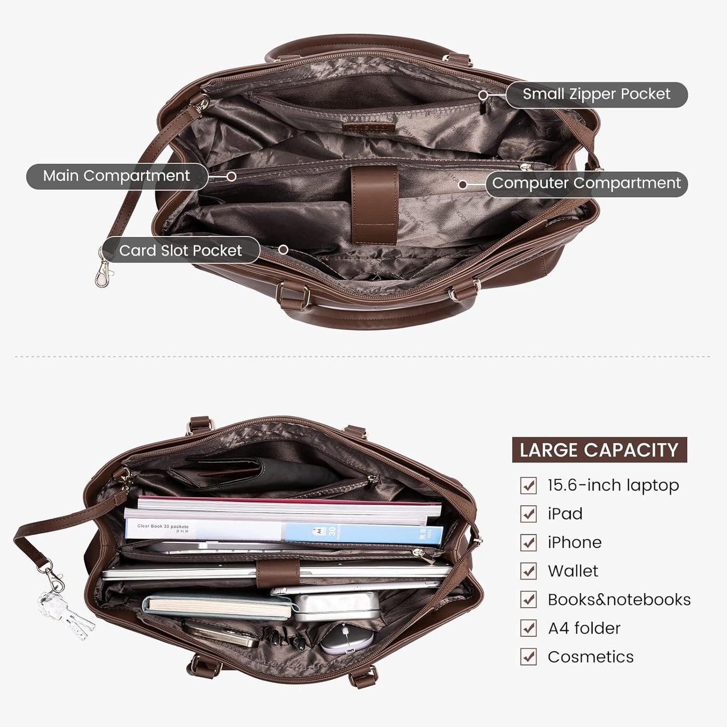LOVEVOOK Laptop Bag for Women 15.6 Inch Tote Bags Waterproof Leather Briefcase Computer Women Business Office Work Bag,Dark Brown