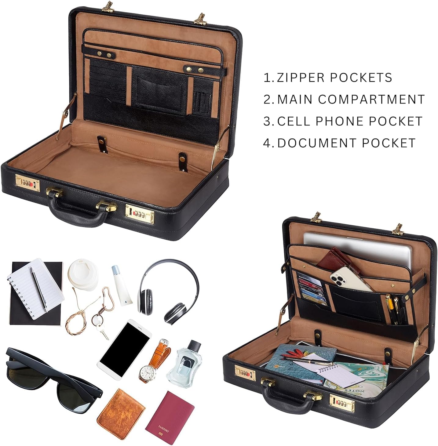 Full Grain Leather Briefcase Attache Case For Unisex Size L18 x W5 x H12 Inches Expandable Briefcase Bag