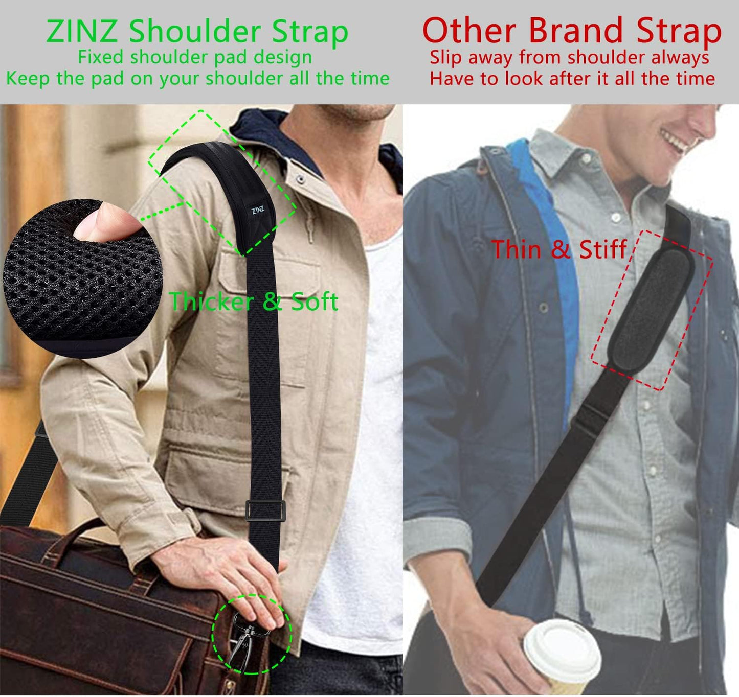 ZINZ 79 inch Shoulder Strap, Extra-thick Fixed Cushion Pad and Dual Clasps Universal Replacement Strap with Metal Swivel Hooks for Laptop Bags, Luggage Bags, Camera, Crossbody (200cm,Black)