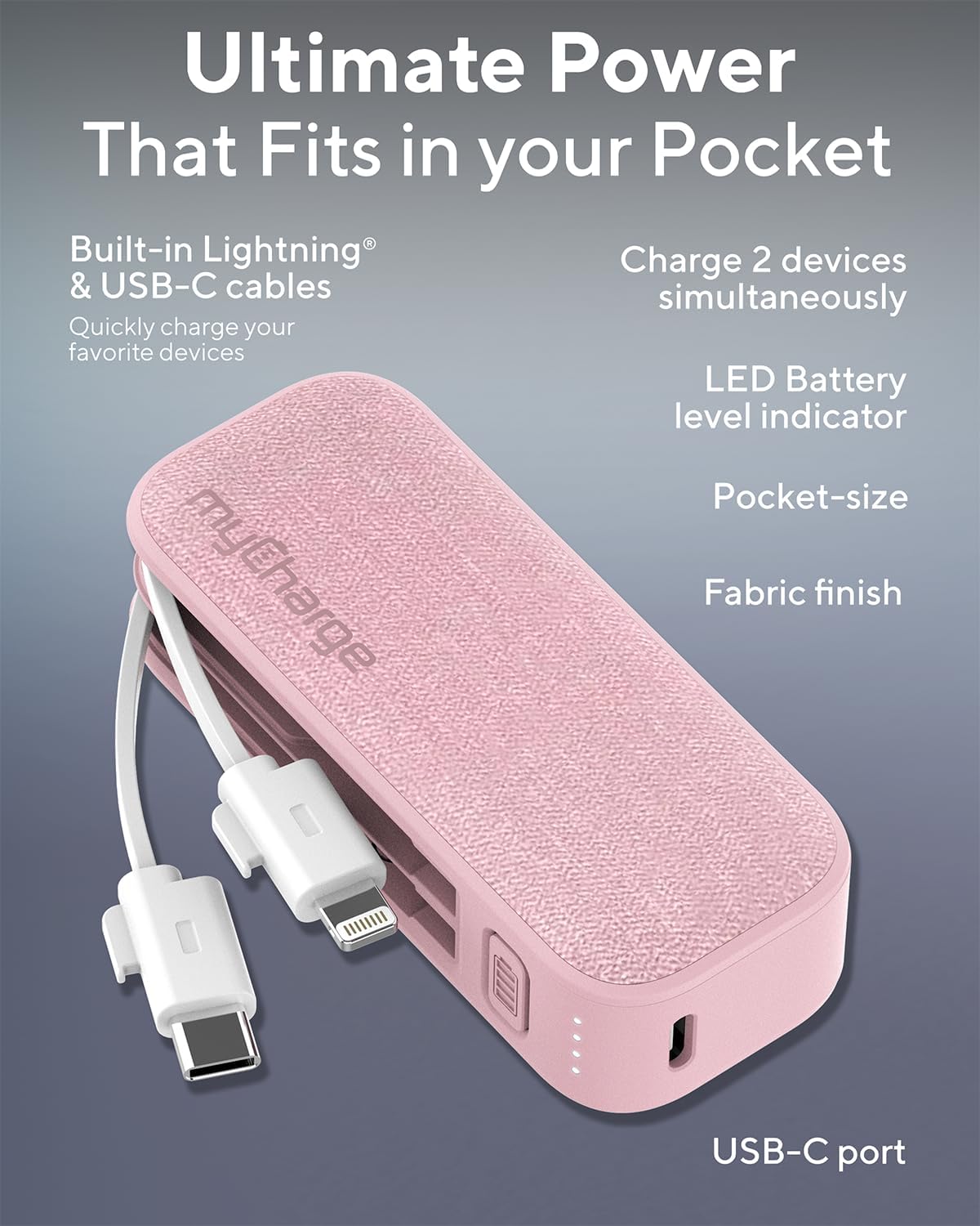 myCharge PowerHub Mini Portable Charger for iPhone - 3000mAh & Built in Cables (Lightning, Type C) 12W Turbo USB C Power Bank Fast Charging Battery Pack (Pink)