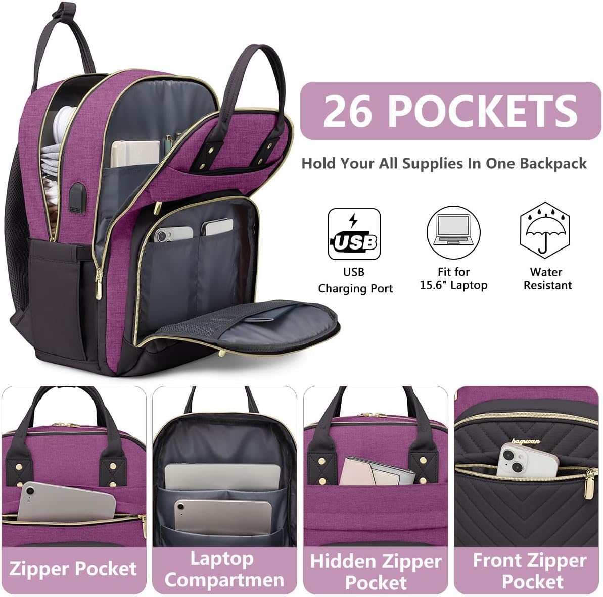 Laptop Backpack for Women Work Bag - 15.6 inch Travel Backpack with USB Charger Business Computer Backpacks for Work College Back pack for Teacher Casual Waterproof Bookbag for Nurses Purple