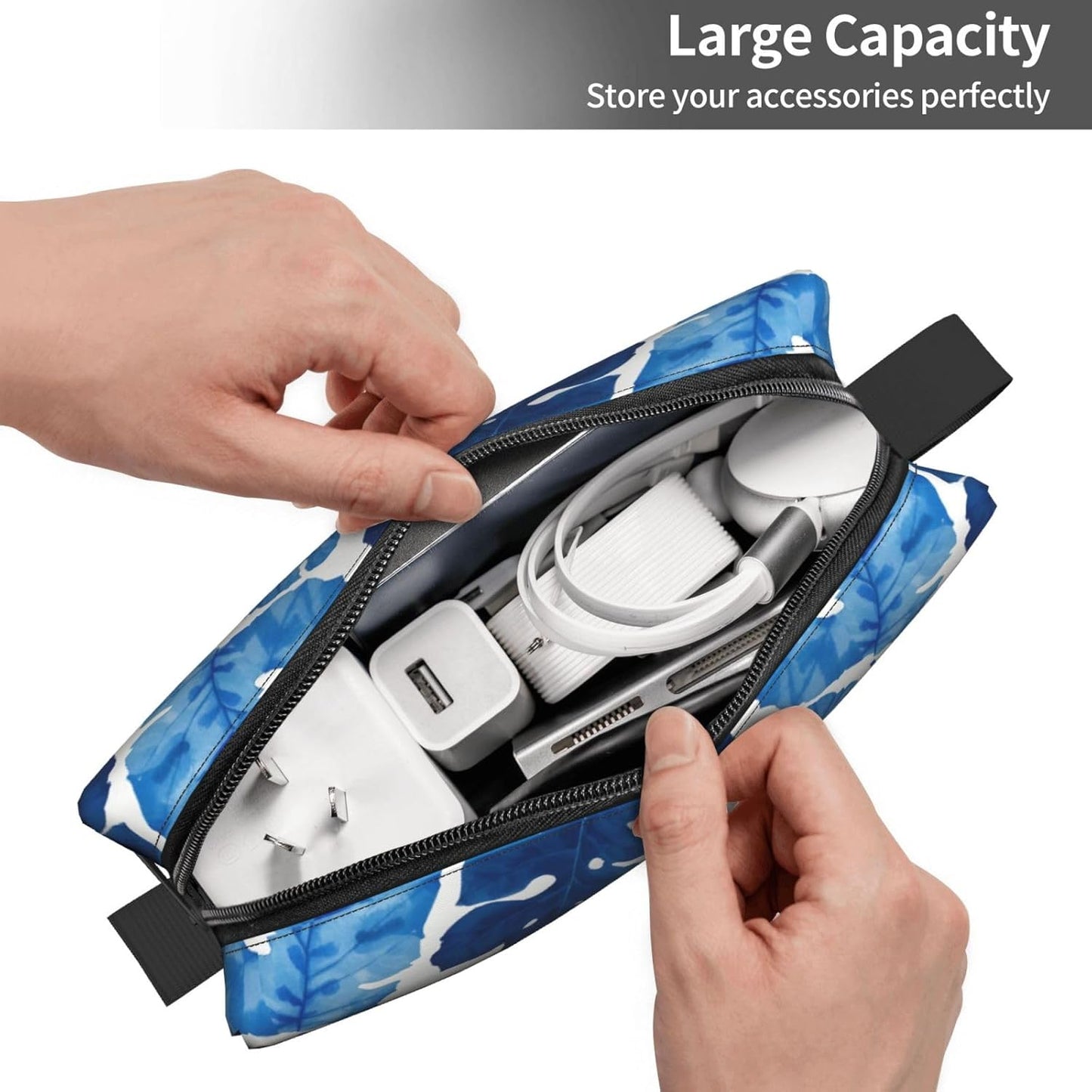 Blue Tropical Leaf Makeup Bag Small Compact Durable Travel Cosmetic Bag Organizer Oxford Fabric Multi-Purpose Storage Perfect for Travel, Gym, Daily Use
