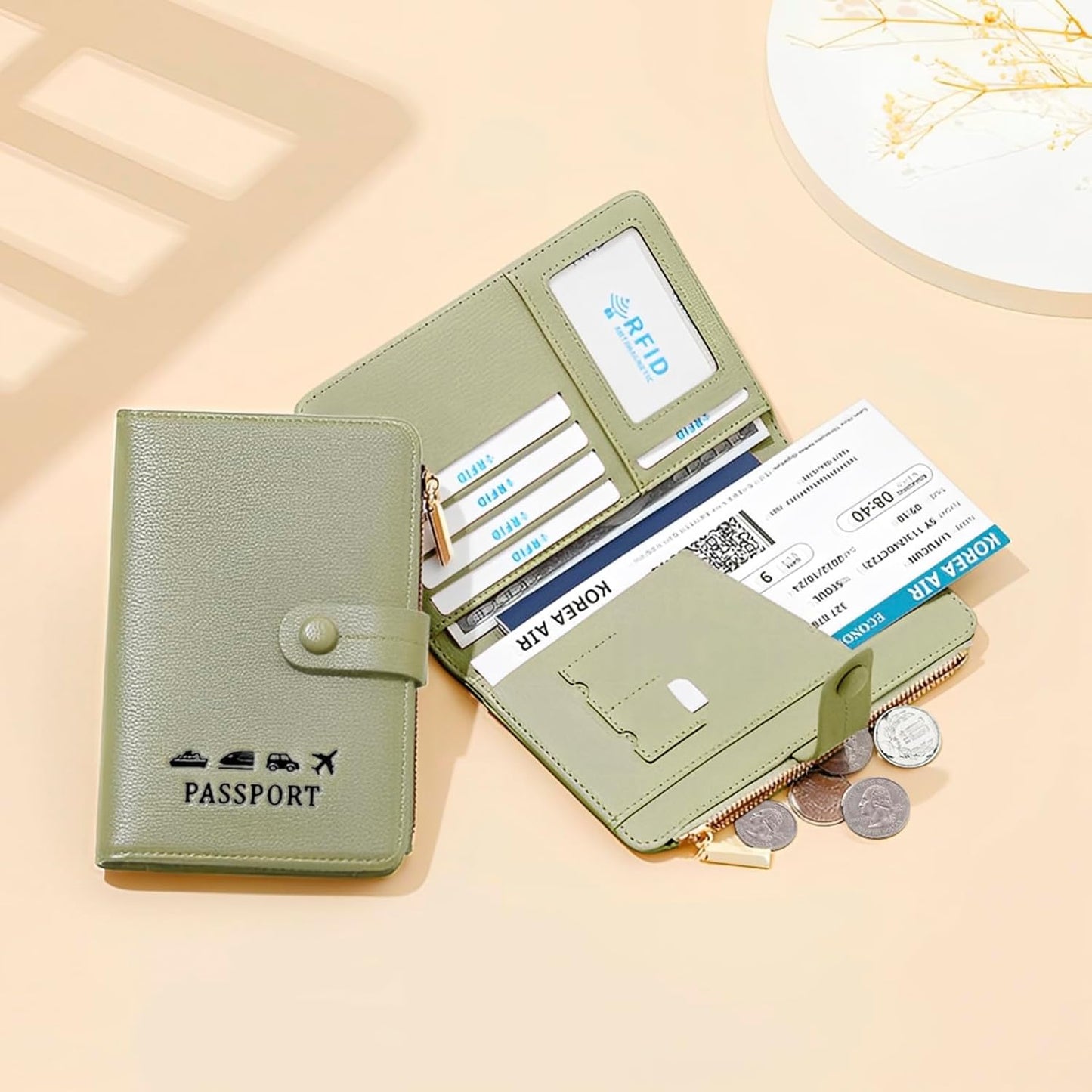 DOB SECHS Passport Holder Wallet for Women, Leather RFID Blocking Passport Cover Credit Cards Case Women Travel Accessories Organizer Pouch Bag with ID Window+Zippered Cash Pocket+SIM Slots, Green