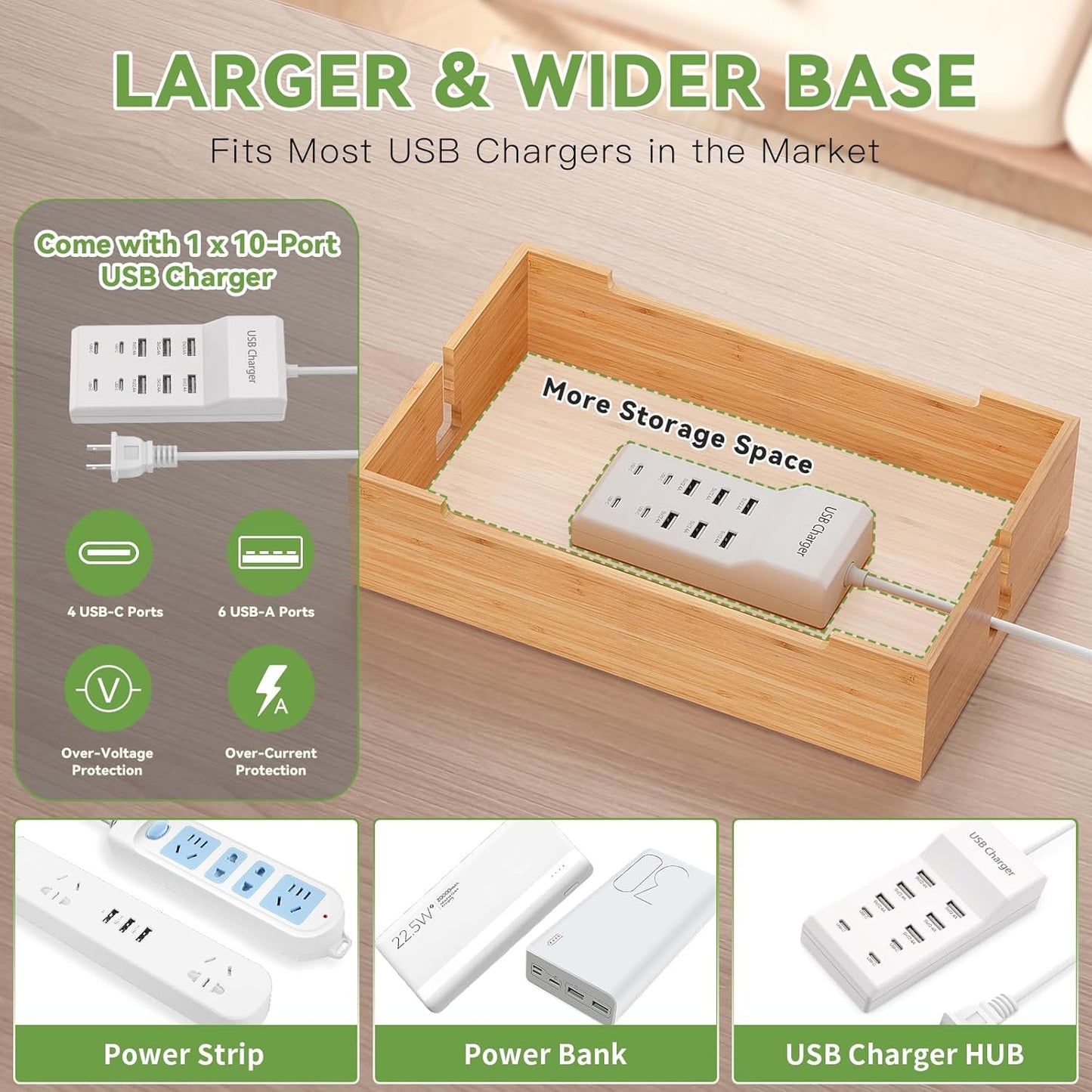 Pezin & Hulin Bamboo Charging Station for Multiple Devices, USB Charger Dock Organizer, with Power Supply (10 Ports HUB), 6 Cables, Cable Management Organizer for Cell Phones, Tablets -Natural Color
