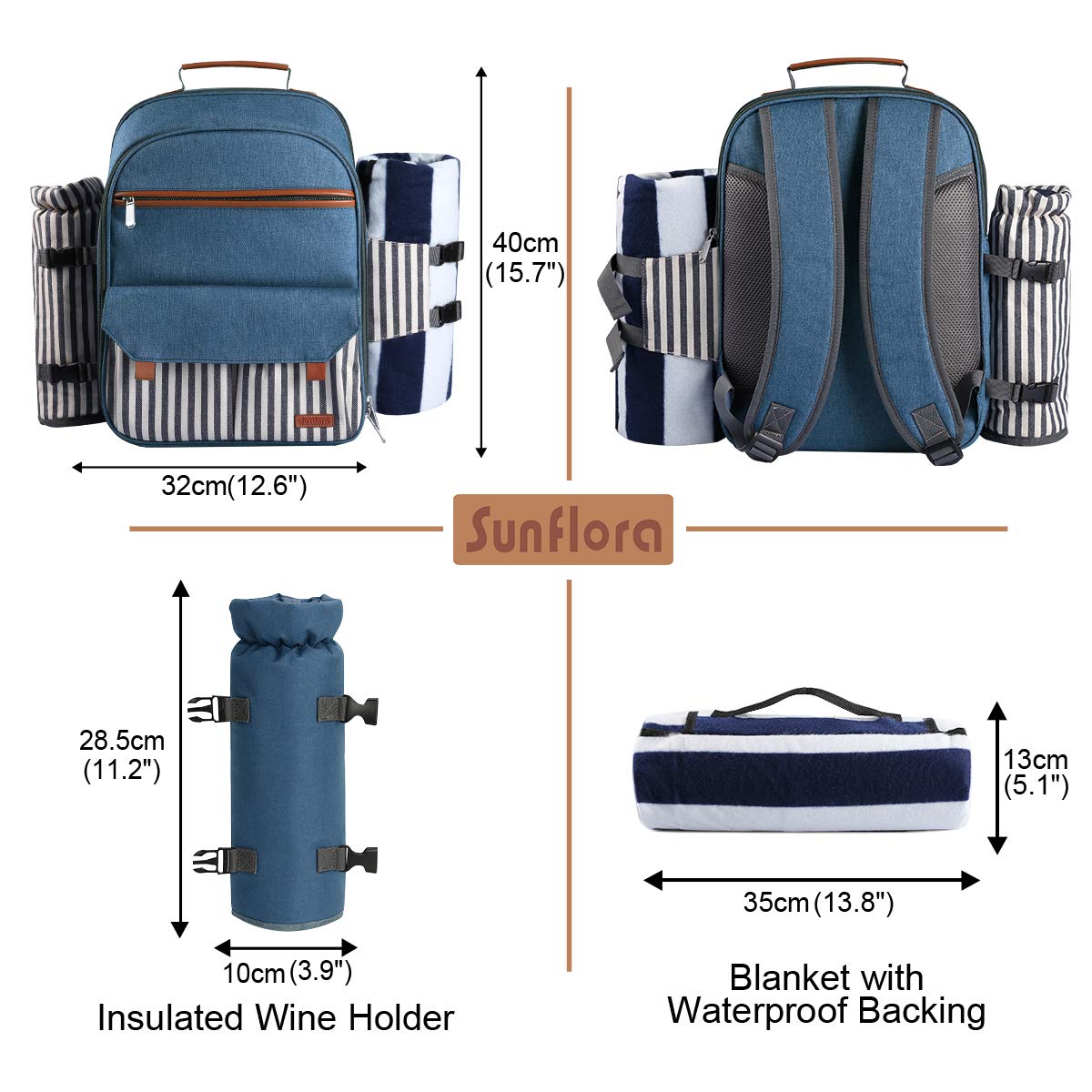 Sunflora Picnic Backpack for 4 Person Set Pack with Insulated Waterproof Pouch for Family Outdoor