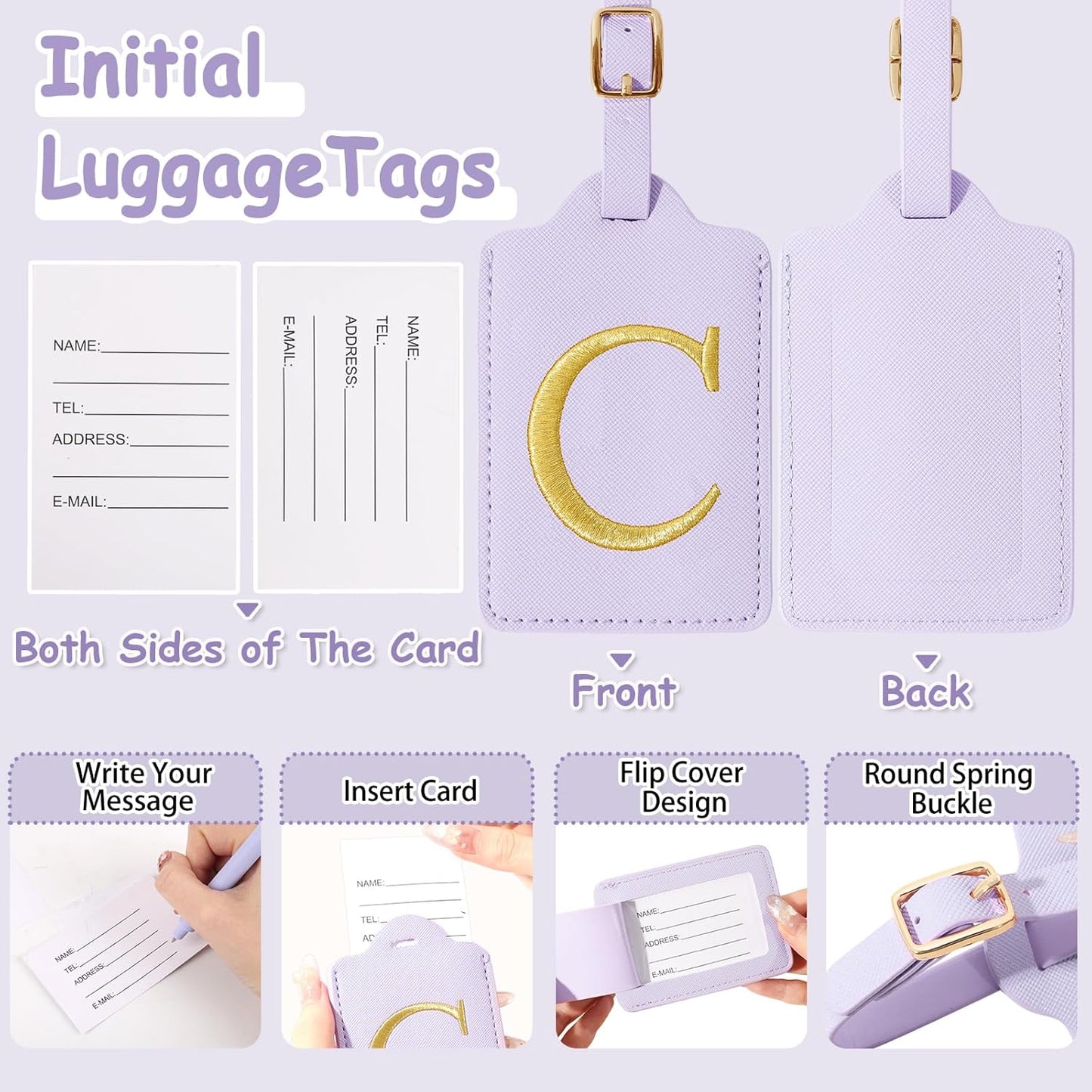 Initial Luggage Tags for Suitcases, Cute Embroidered Letter Luggage Bag Suitcase Identifier Name Baggage Tag, PU Leather Travel Luggage Tags, Bag Tags for Men Women Kids Luggage Handbags(Purple C)