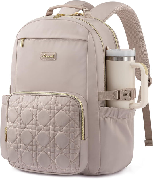 LOVEVOOK Laptop Backpack for Women with Pouch Pocket for Large Capacity Cup,17 Inch Teacher Nurse College Work Backpack Purse,Waterproof Laptop Bag Computer Back Pack for Travel, Nude+Wicker pattern