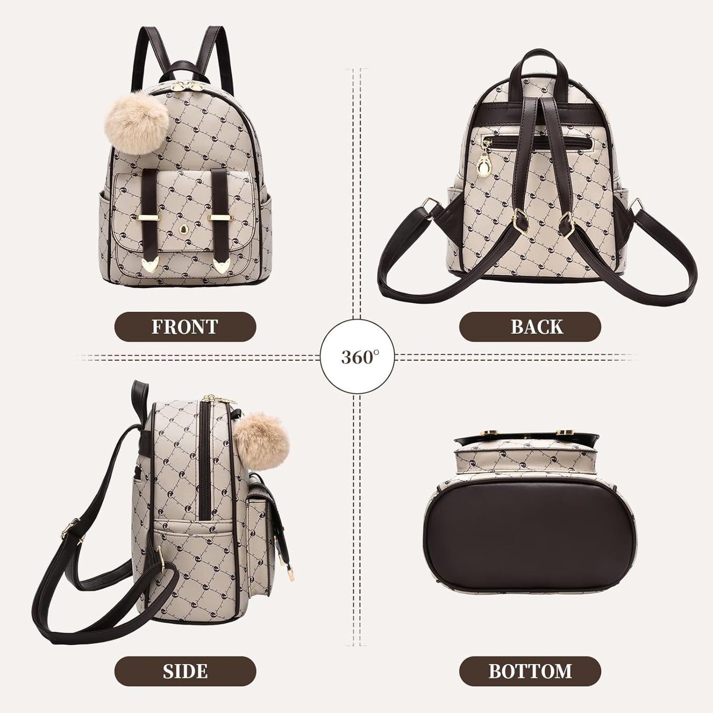 I IHAYNER Girls Fashion Backpack Mini Backpack Purse for Women Teenage Girls Purses PU Leather Pompom Backpack Shoulder Bag