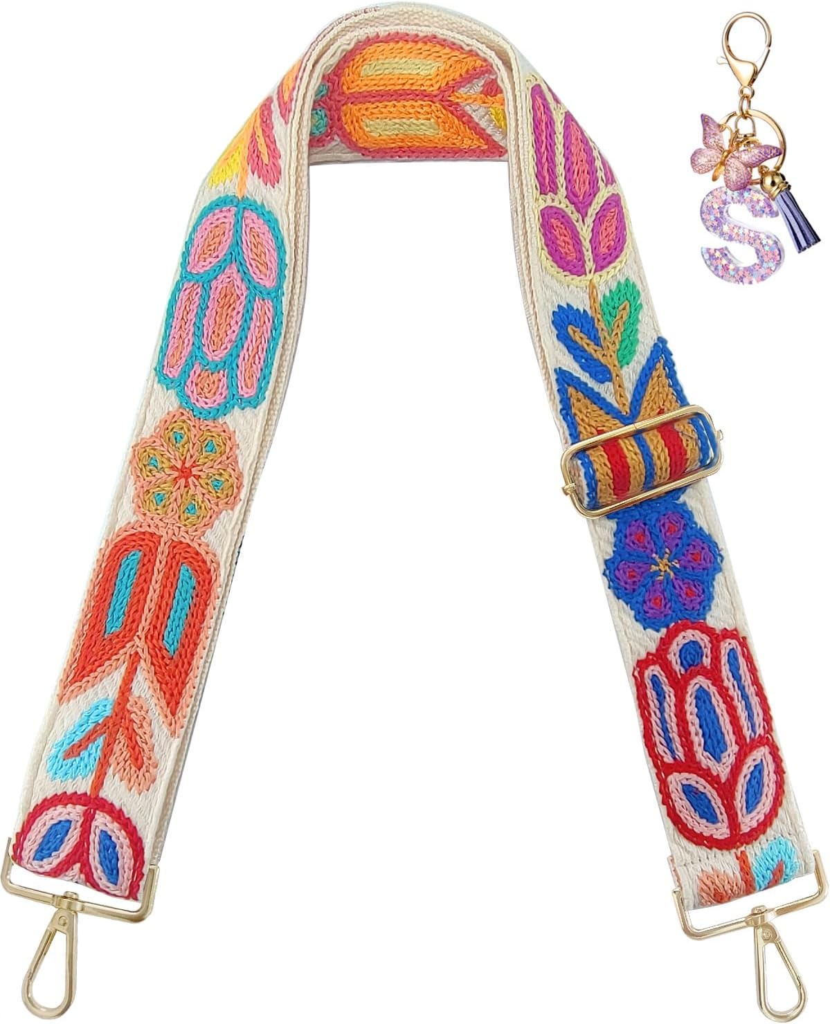 Embroidery Flower Purse Strap Replacement Crossbody 2 Inch Wide with Letter S Keychain for Women's Handbags